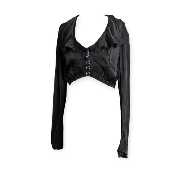 Free People black satin cropped hook & Eye blouse - Picture 2 of 10